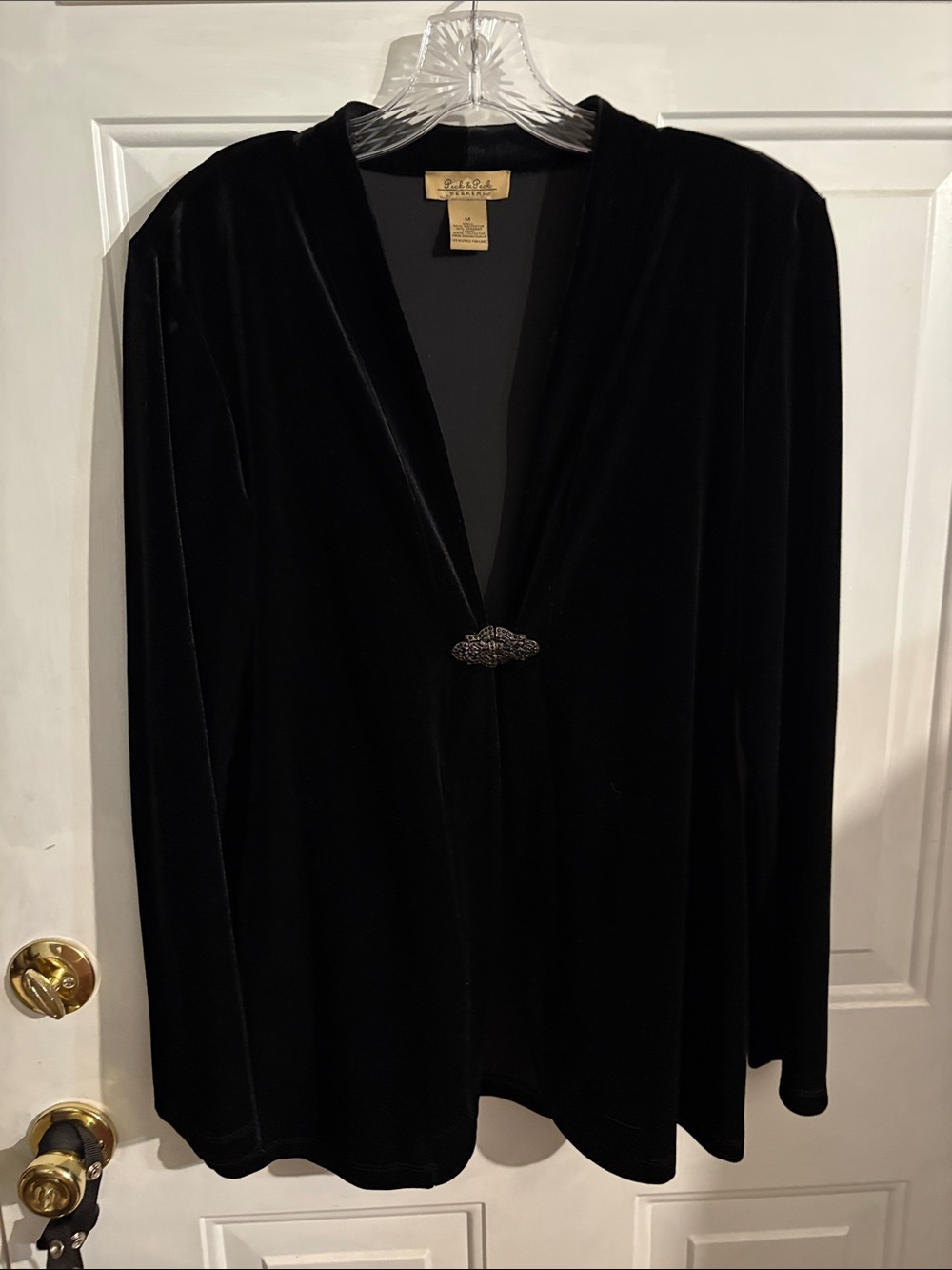 Peck & Peck Black Velvet Open-Front Jacket with Decorative Clasp